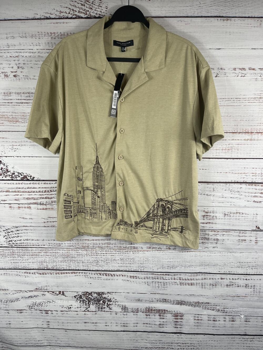 Vox Populi Shirt Men's Large Beige Camp Collar Short Sleeve NYC Skyline Print